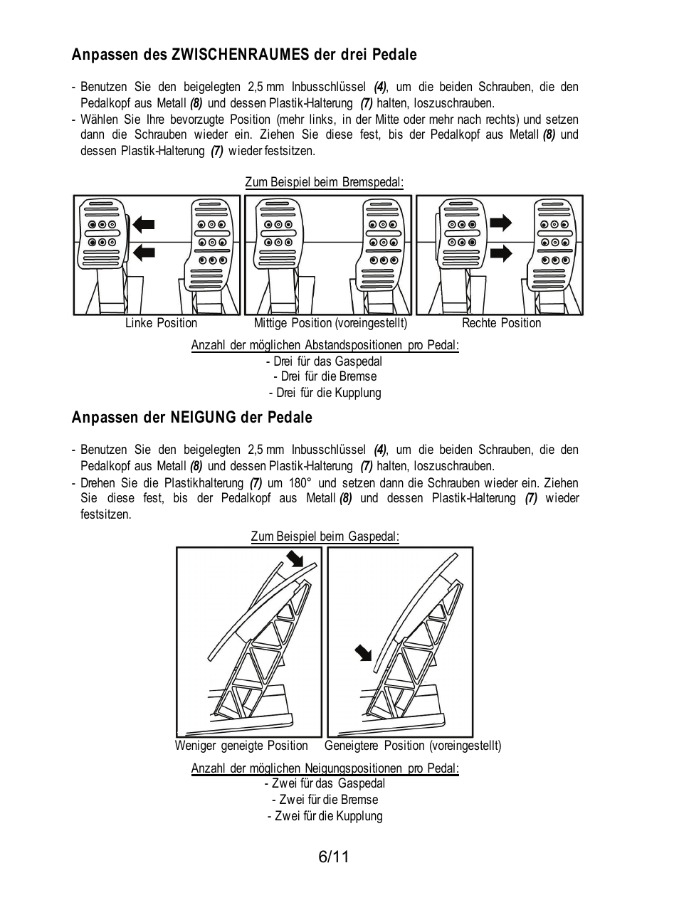 6/11 anpassen des zwischenraumes der drei pedale, Anpassen der neigung der pedale | Thrustmaster T3PA Add-On User Manual | Page 29 / 134