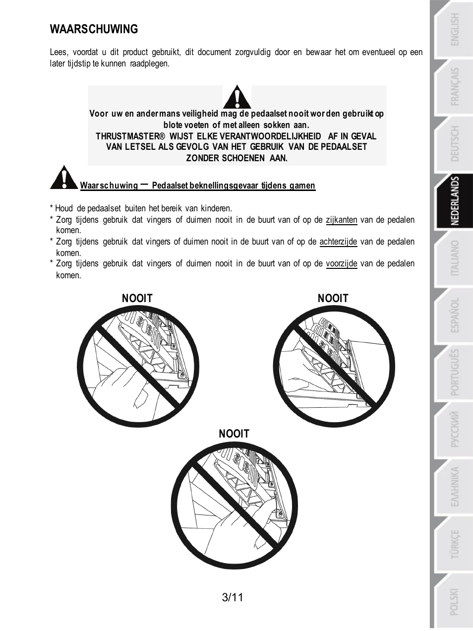 Waarschuwing | Thrustmaster T3PA Add-On User Manual | Page 37 / 134