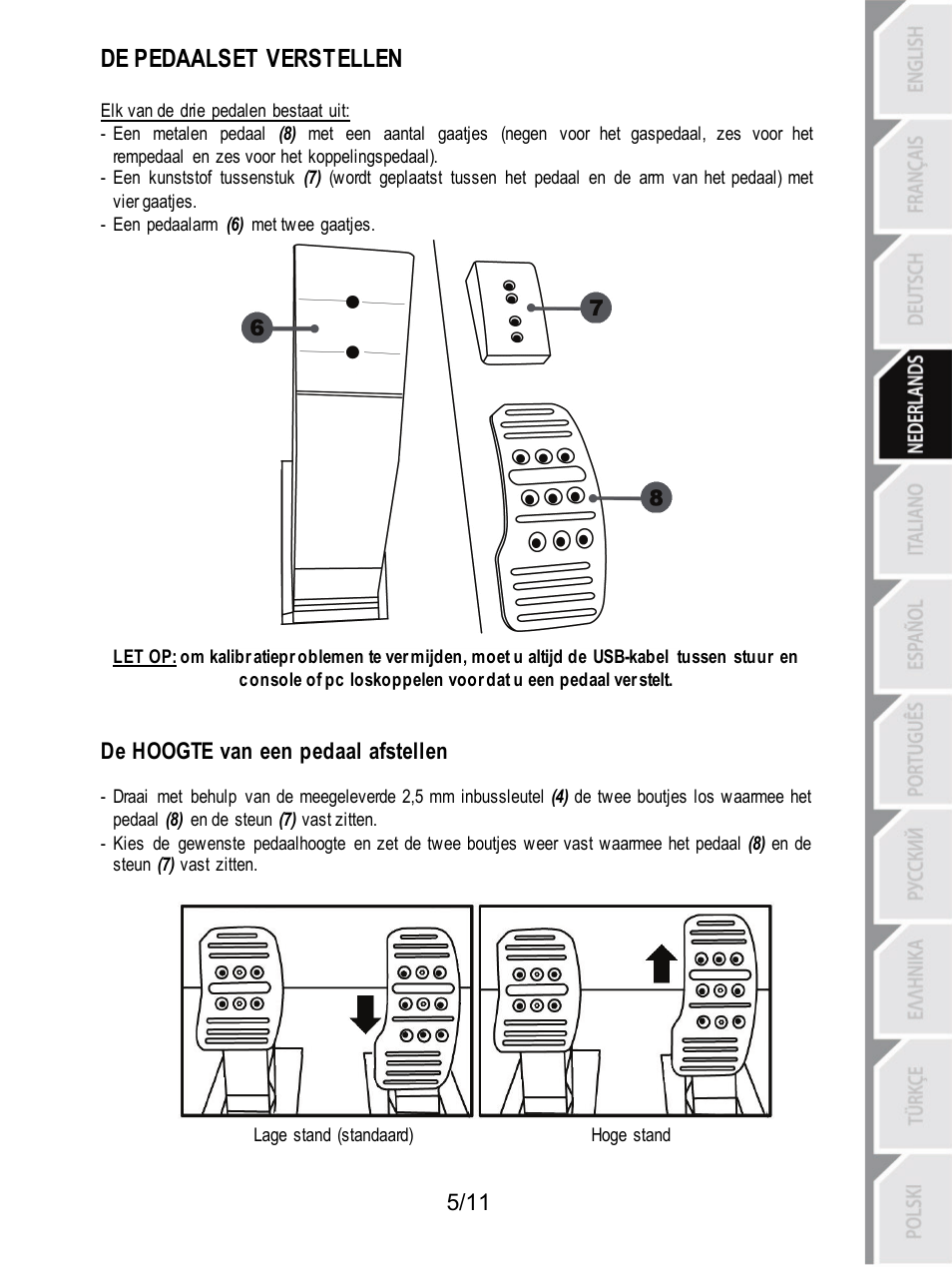 De pedaalset verstellen, De hoogte van een pedaal afstellen | Thrustmaster T3PA Add-On User Manual | Page 39 / 134