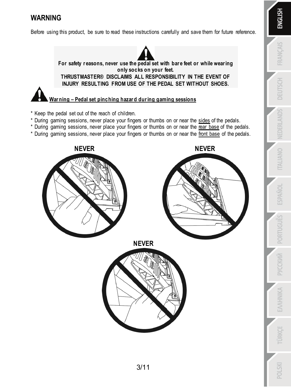 Warning, Never | Thrustmaster T3PA Add-On User Manual | Page 4 / 134