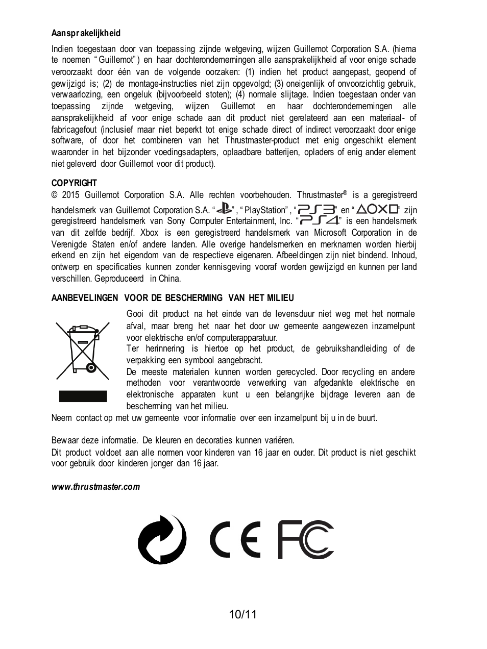 Aansprakelijkheid, Aanbevelingen voor de bescherming van het milieu | Thrustmaster T3PA Add-On User Manual | Page 44 / 134