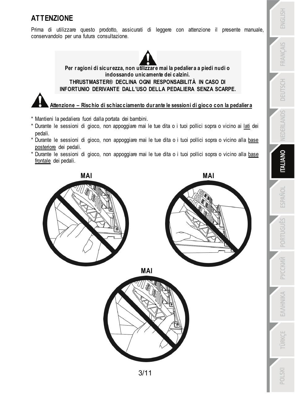 Attenzione | Thrustmaster T3PA Add-On User Manual | Page 48 / 134