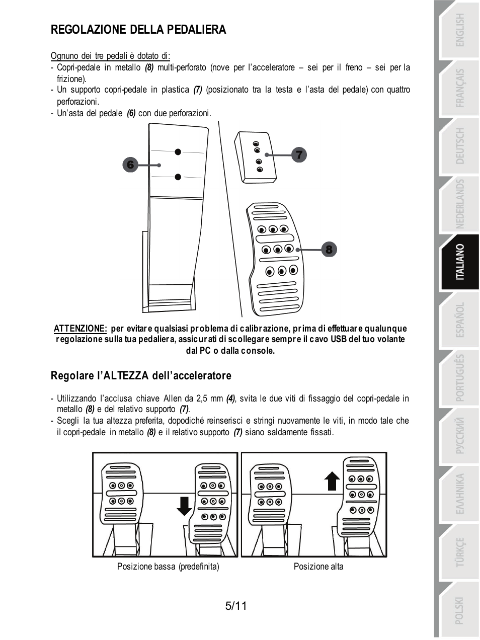 Regolazione della pedaliera, Regolare l’altezza dell’acceleratore | Thrustmaster T3PA Add-On User Manual | Page 50 / 134