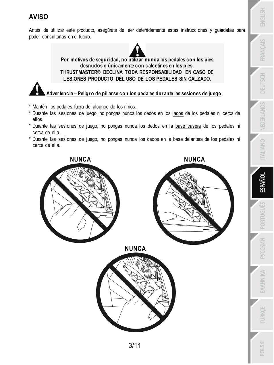 Aviso | Thrustmaster T3PA Add-On User Manual | Page 59 / 134