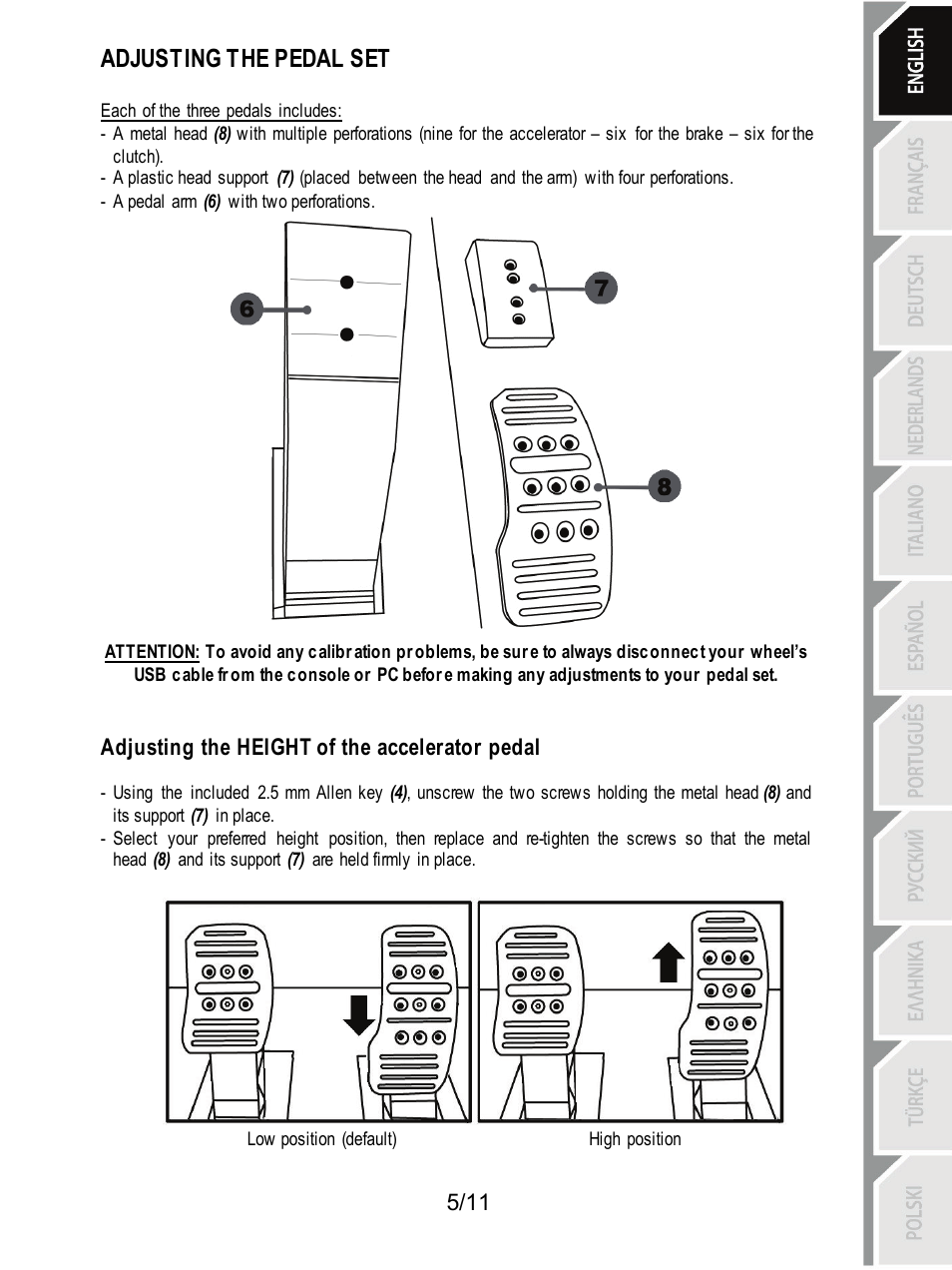Adjusting the pedal set, Adjusting the height of the accelerator pedal | Thrustmaster T3PA Add-On User Manual | Page 6 / 134