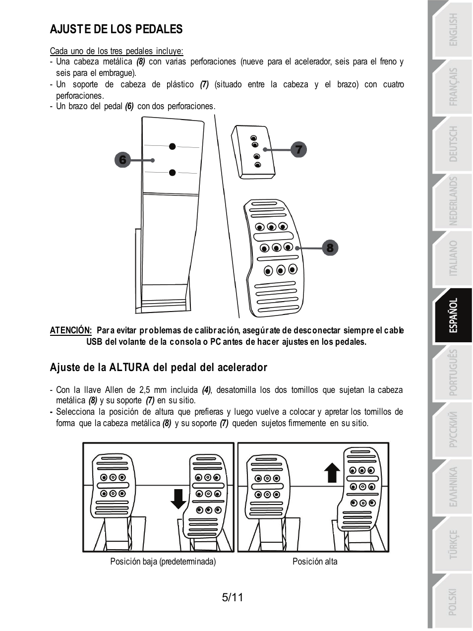 Ajuste de los pedales, Ajuste de la altura del pedal del acelerador | Thrustmaster T3PA Add-On User Manual | Page 61 / 134