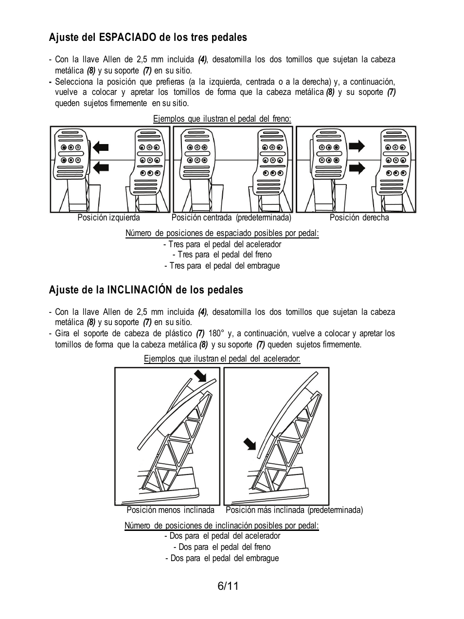 6/11 ajuste del espaciado de los tres pedales, Ajuste de la inclinación de los pedales | Thrustmaster T3PA Add-On User Manual | Page 62 / 134