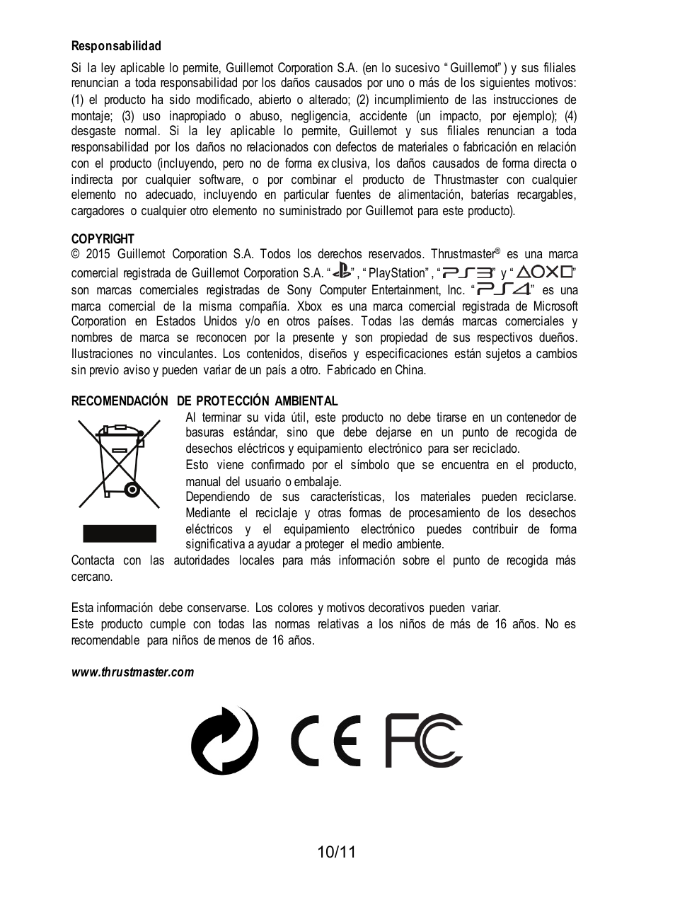 Responsabilidad, Recomendación de protección ambiental | Thrustmaster T3PA Add-On User Manual | Page 66 / 134