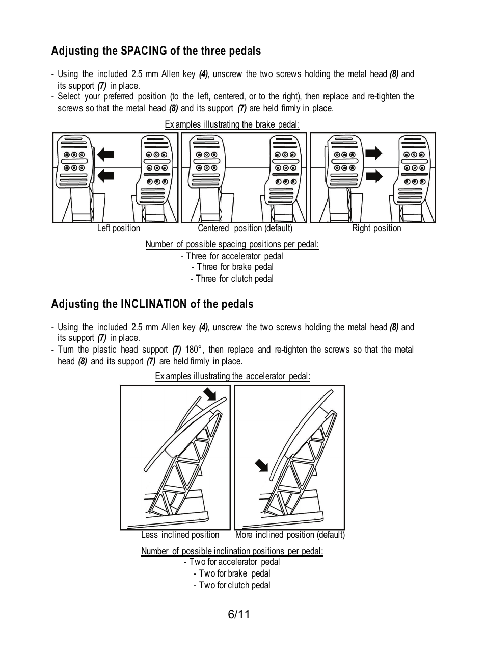 Adjusting the spacing of the three pedals, Adjusting the inclination of the pedals | Thrustmaster T3PA Add-On User Manual | Page 7 / 134