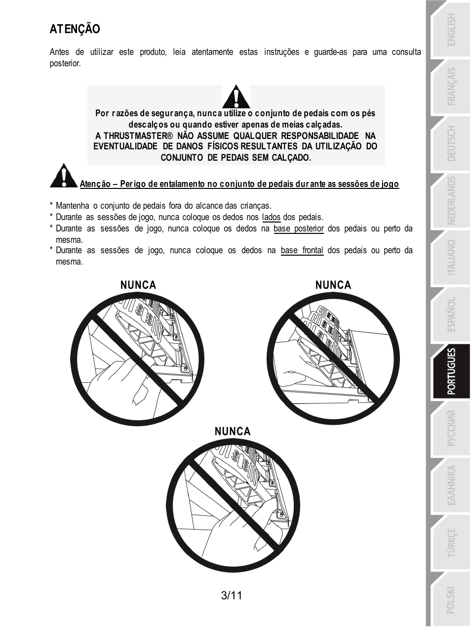 Atenção, Nunca | Thrustmaster T3PA Add-On User Manual | Page 70 / 134