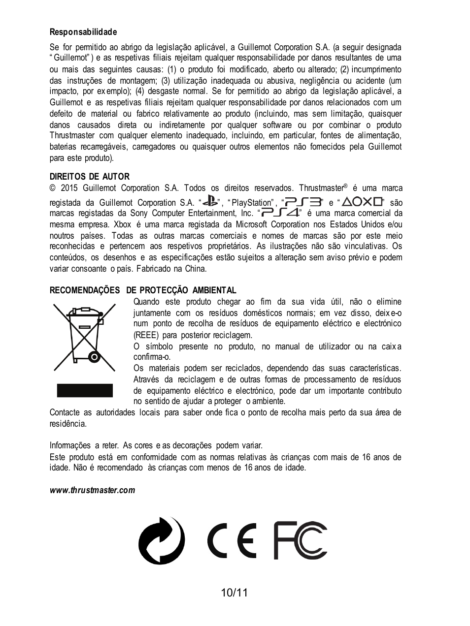 Responsabilidade, Recomendações de protecção ambiental | Thrustmaster T3PA Add-On User Manual | Page 77 / 134
