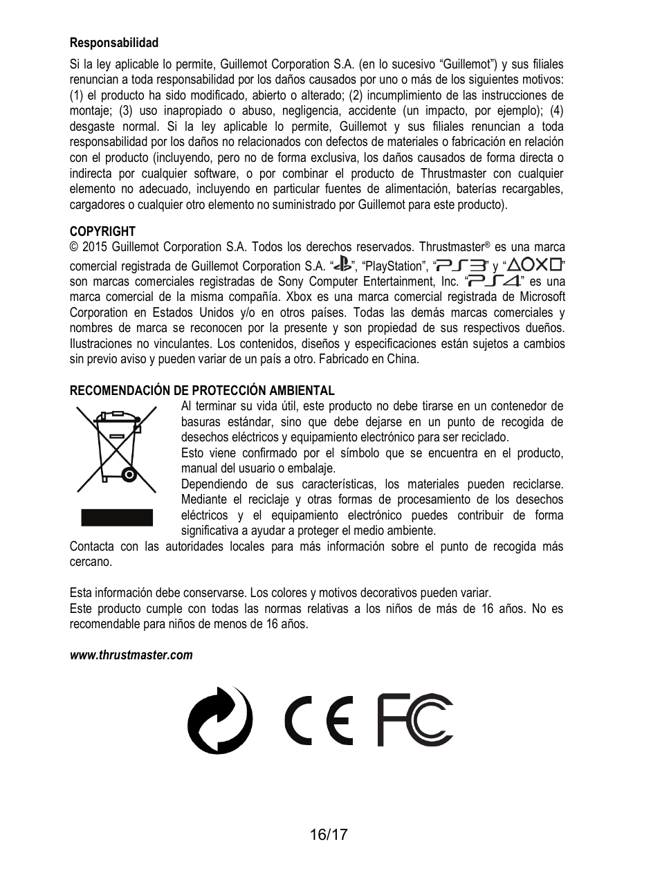 Responsabilidad, Recomendación de protección ambiental | Thrustmaster T3PA-PRO Add-On User Manual | Page 102 / 205
