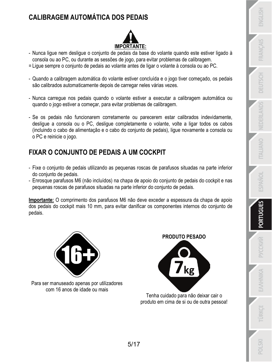 Calibragem automática dos pedais, Fixar o conjunto de pedais a um cockpit | Thrustmaster T3PA-PRO Add-On User Manual | Page 108 / 205
