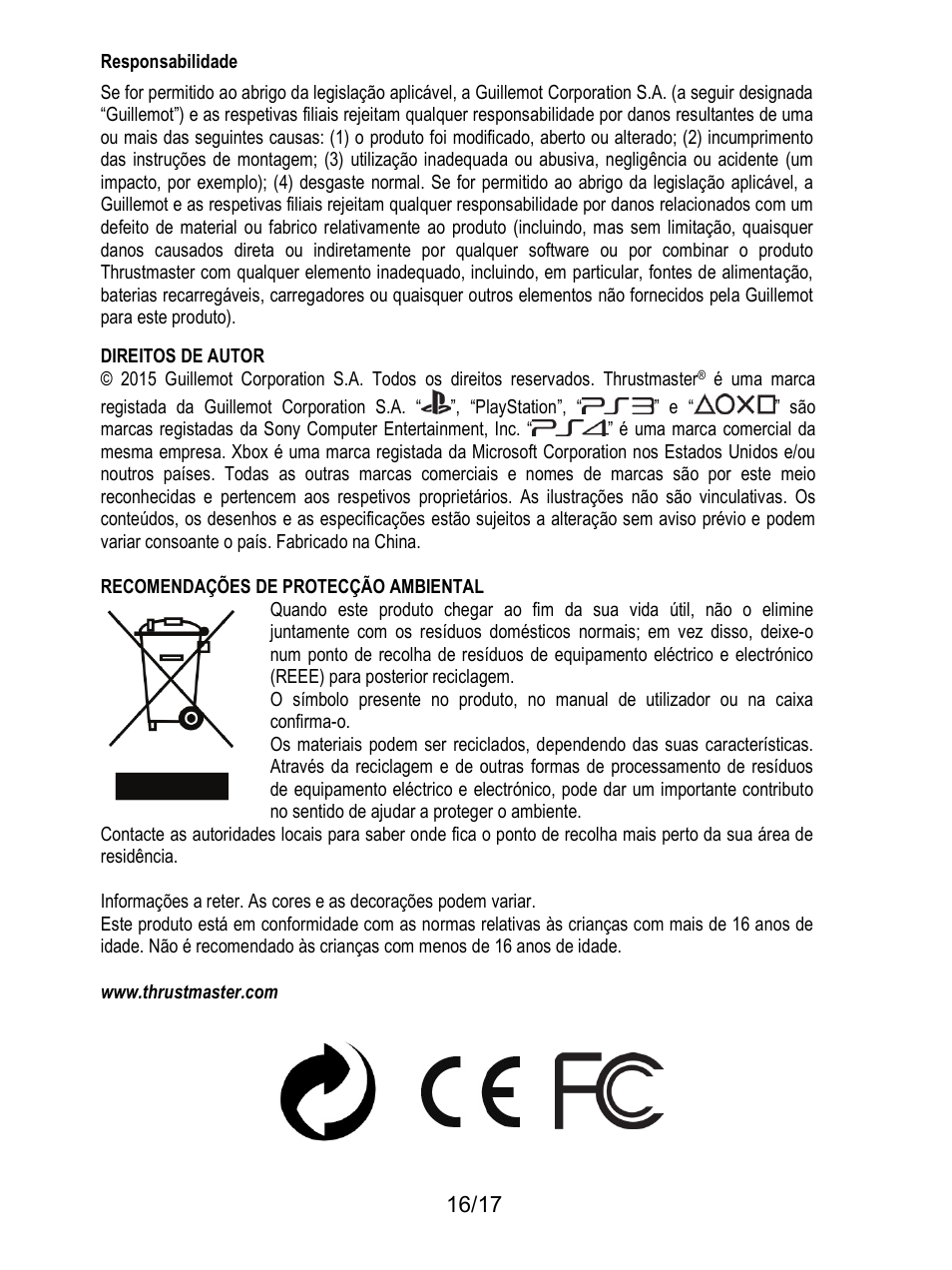 Responsabilidade, Recomendações de protecção ambiental | Thrustmaster T3PA-PRO Add-On User Manual | Page 119 / 205
