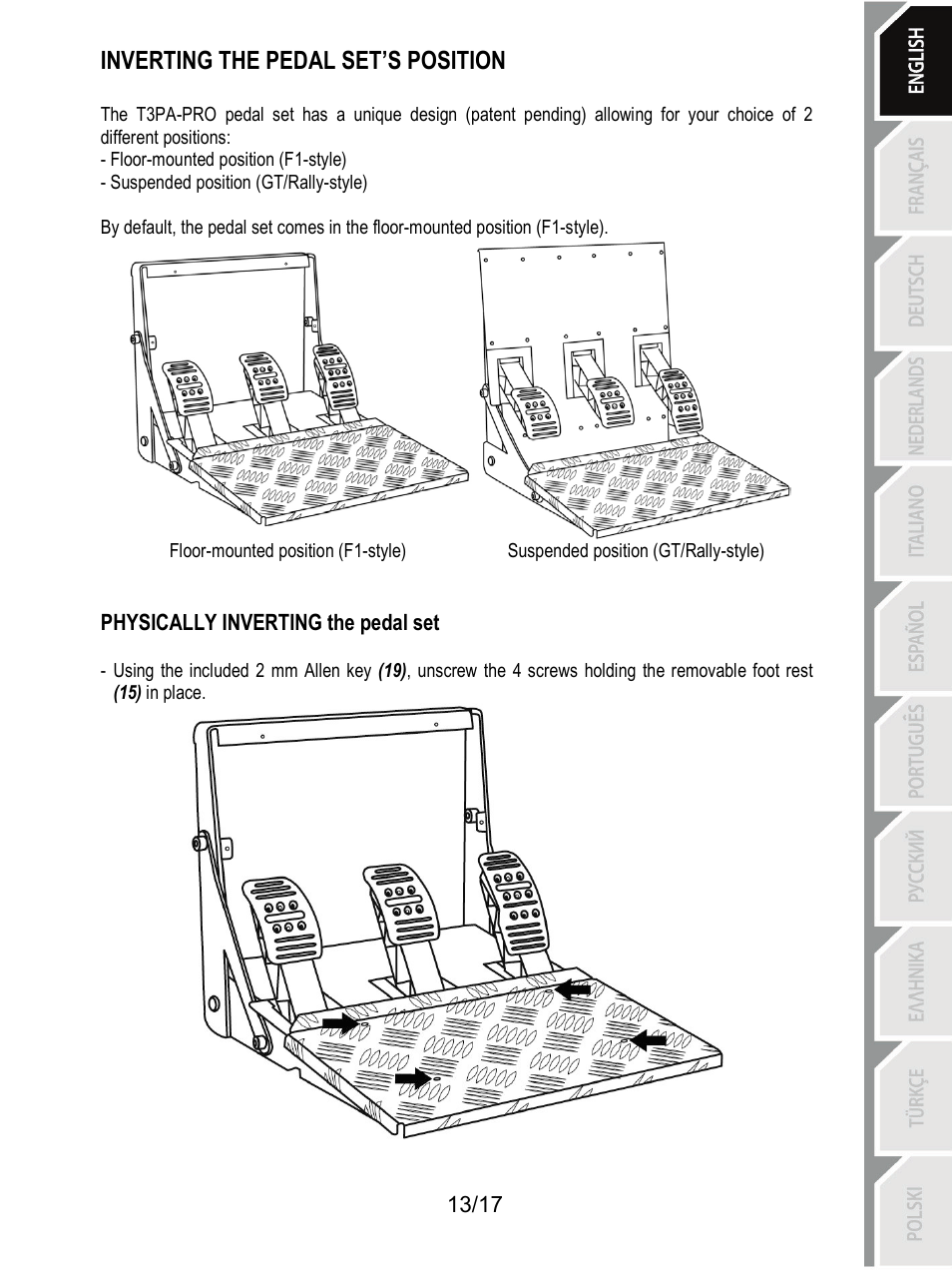 Inverting the pedal set’s position | Thrustmaster T3PA-PRO Add-On User Manual | Page 14 / 205