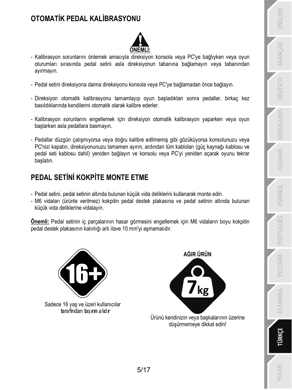 Otomatik pedal kalibrasyonu, Pedal setini kokpite monte etme | Thrustmaster T3PA-PRO Add-On User Manual | Page 159 / 205