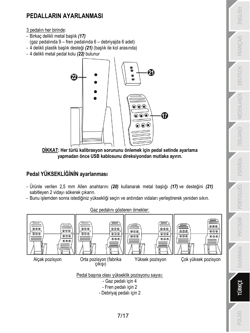 Pedallarin ayarlanmasi | Thrustmaster T3PA-PRO Add-On User Manual | Page 161 / 205