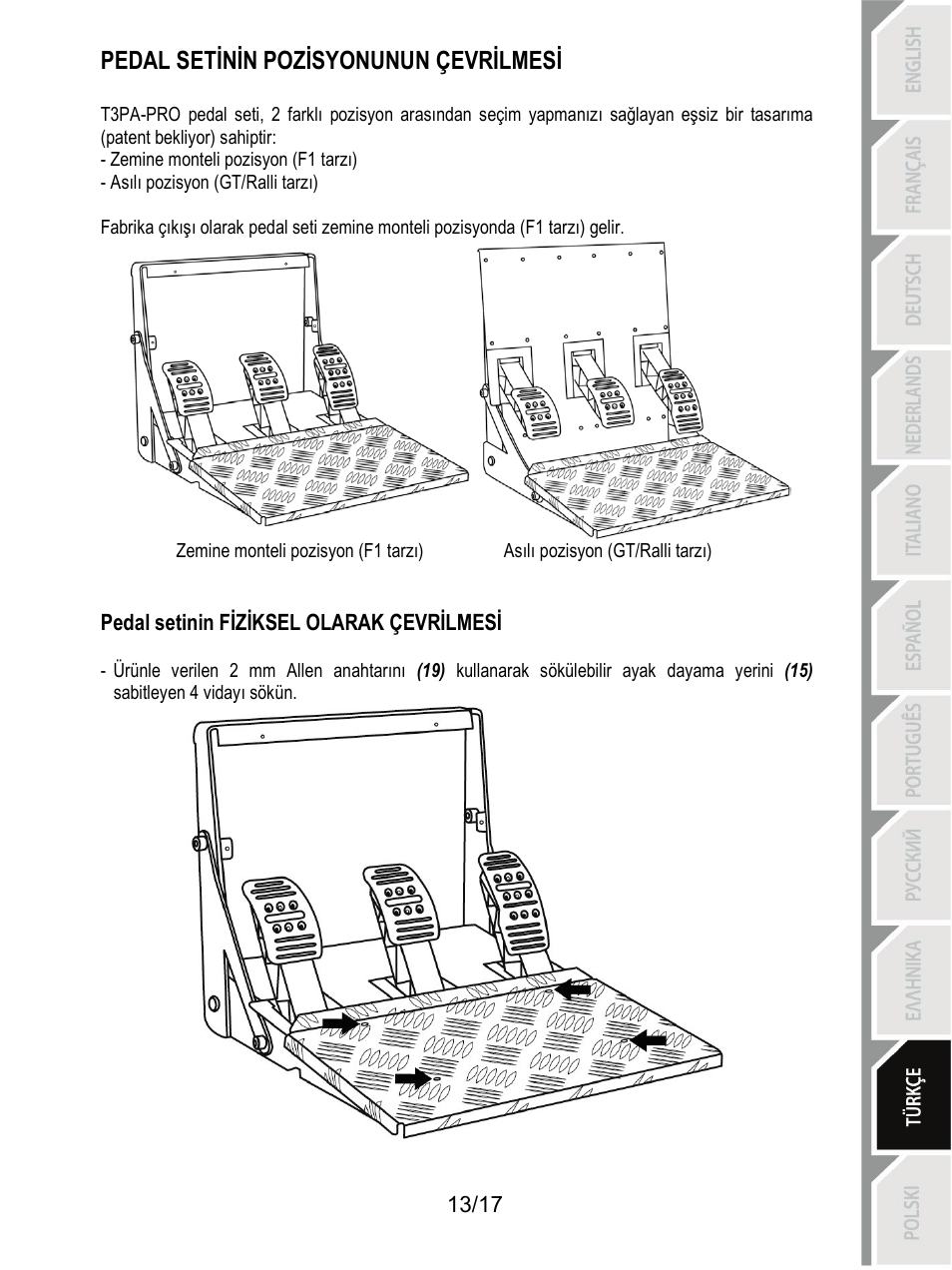 Pedal setinin pozisyonunun çevrilmesi | Thrustmaster T3PA-PRO Add-On User Manual | Page 167 / 205
