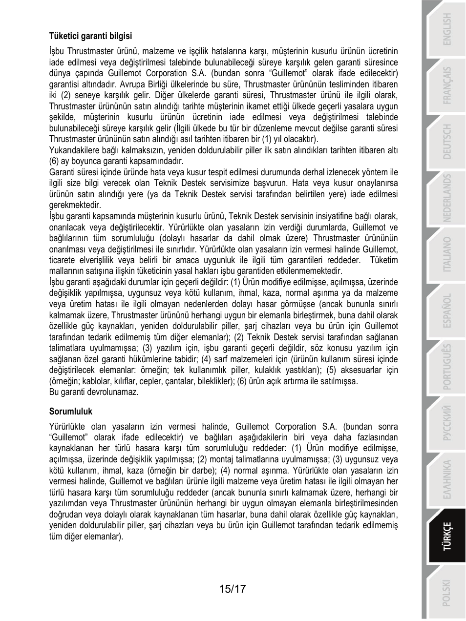 Sorumluluk | Thrustmaster T3PA-PRO Add-On User Manual | Page 169 / 205