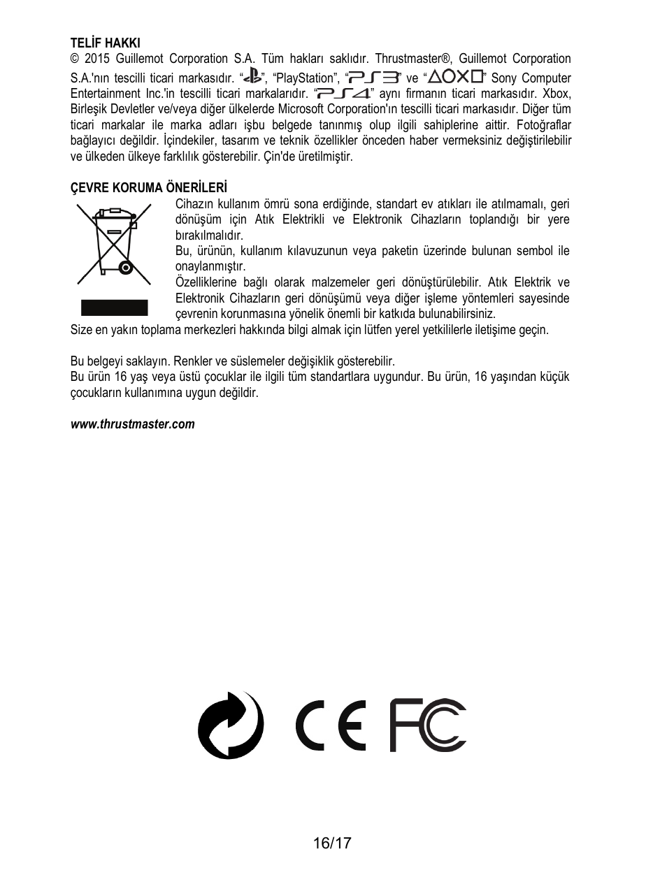 Çevre koruma önerileri | Thrustmaster T3PA-PRO Add-On User Manual | Page 170 / 205