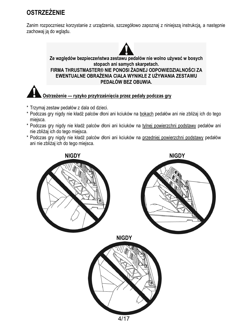 Ostrzeżenie | Thrustmaster T3PA-PRO Add-On User Manual | Page 175 / 205
