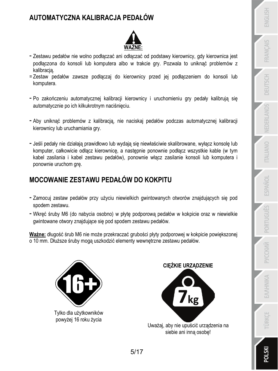 Automatyczna kalibracja pedałów, Mocowanie zestawu pedałów do kokpitu | Thrustmaster T3PA-PRO Add-On User Manual | Page 176 / 205