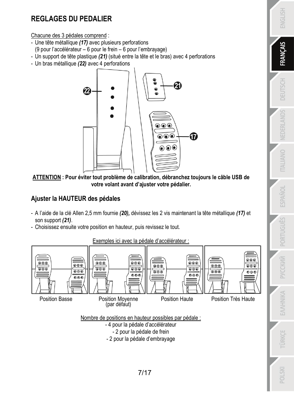 Reglages du pedalier | Thrustmaster T3PA-PRO Add-On User Manual | Page 25 / 205