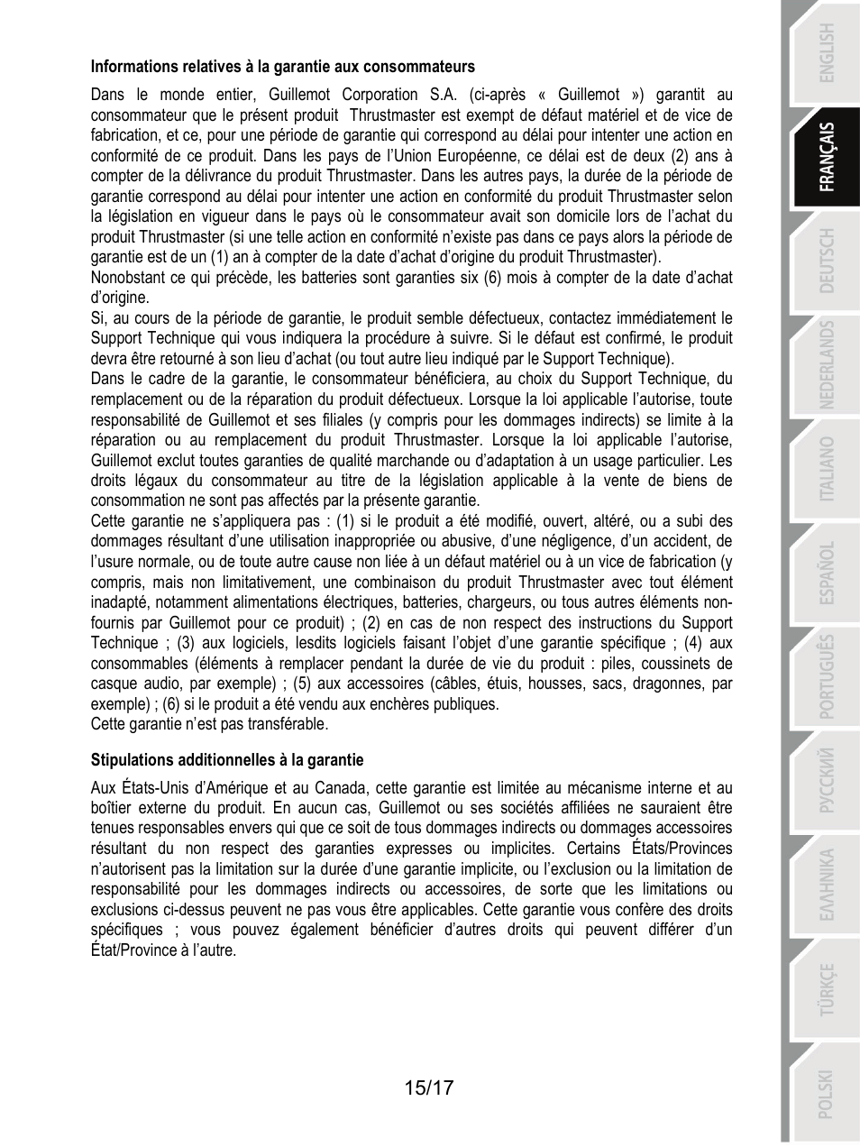 Stipulations additionnelles à la garantie | Thrustmaster T3PA-PRO Add-On User Manual | Page 33 / 205