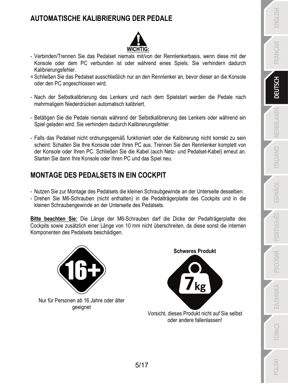 Automatische kalibrierung der pedale, Montage des pedalsets in ein cockpit | Thrustmaster T3PA-PRO Add-On User Manual | Page 40 / 205