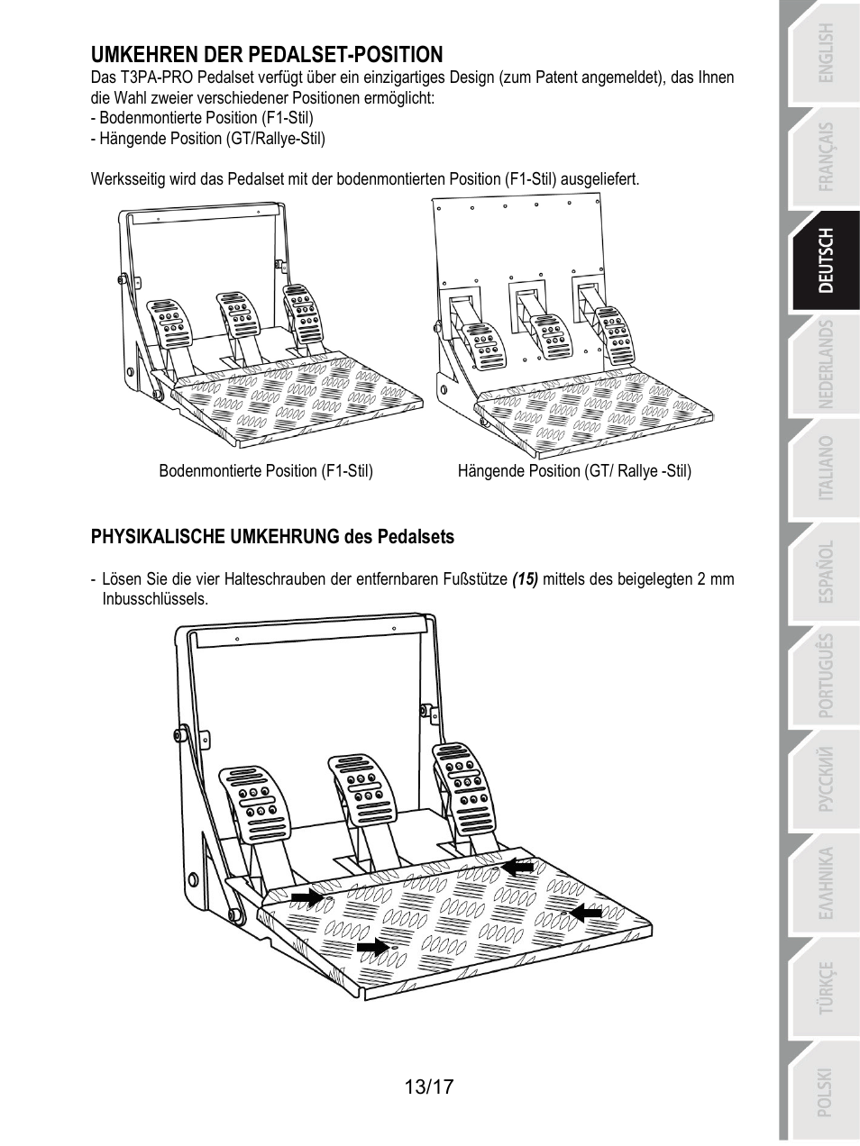 Umkehren der pedalset-position | Thrustmaster T3PA-PRO Add-On User Manual | Page 48 / 205