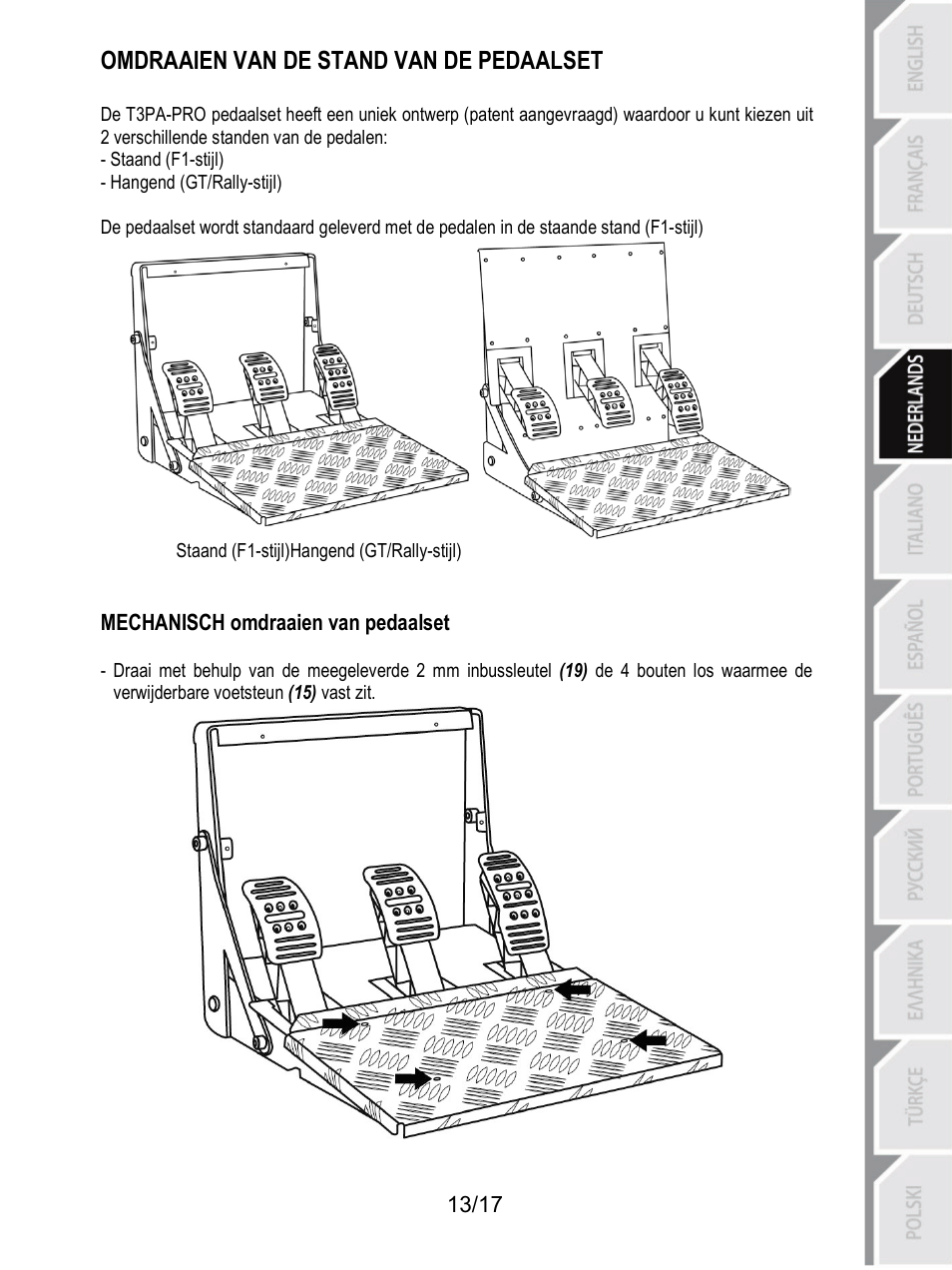 Omdraaien van de stand van de pedaalset | Thrustmaster T3PA-PRO Add-On User Manual | Page 65 / 205