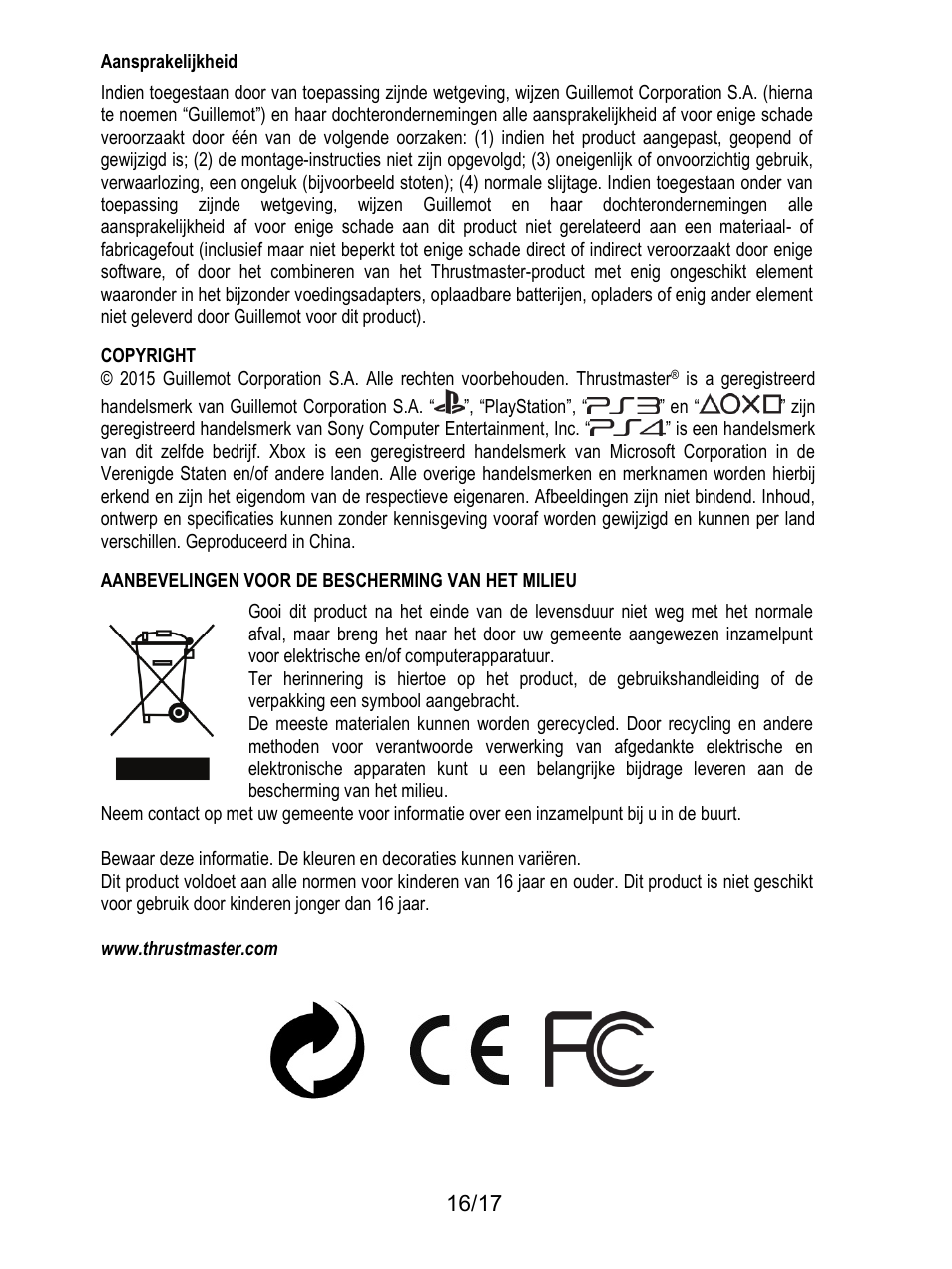 Aansprakelijkheid, Aanbevelingen voor de bescherming van het milieu | Thrustmaster T3PA-PRO Add-On User Manual | Page 68 / 205