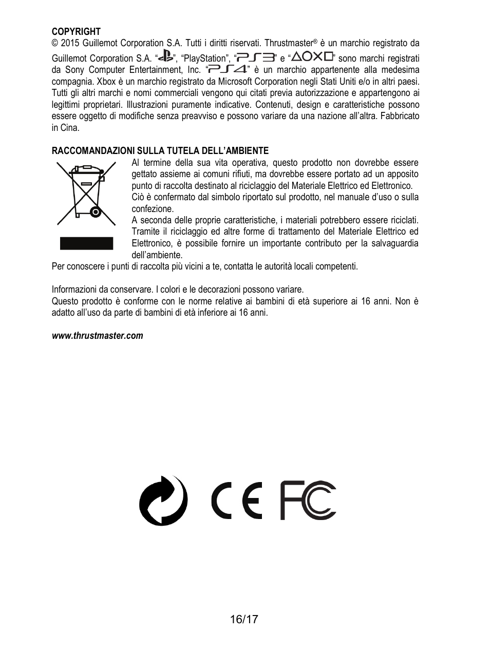 Raccomandazioni sulla tutela dell’ambiente | Thrustmaster T3PA-PRO Add-On User Manual | Page 85 / 205