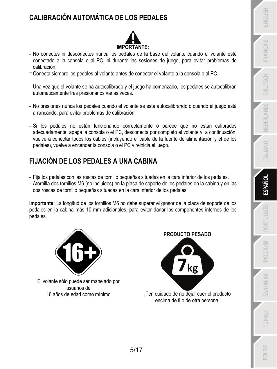 Calibración automática de los pedales, Fijación de los pedales a una cabina | Thrustmaster T3PA-PRO Add-On User Manual | Page 91 / 205