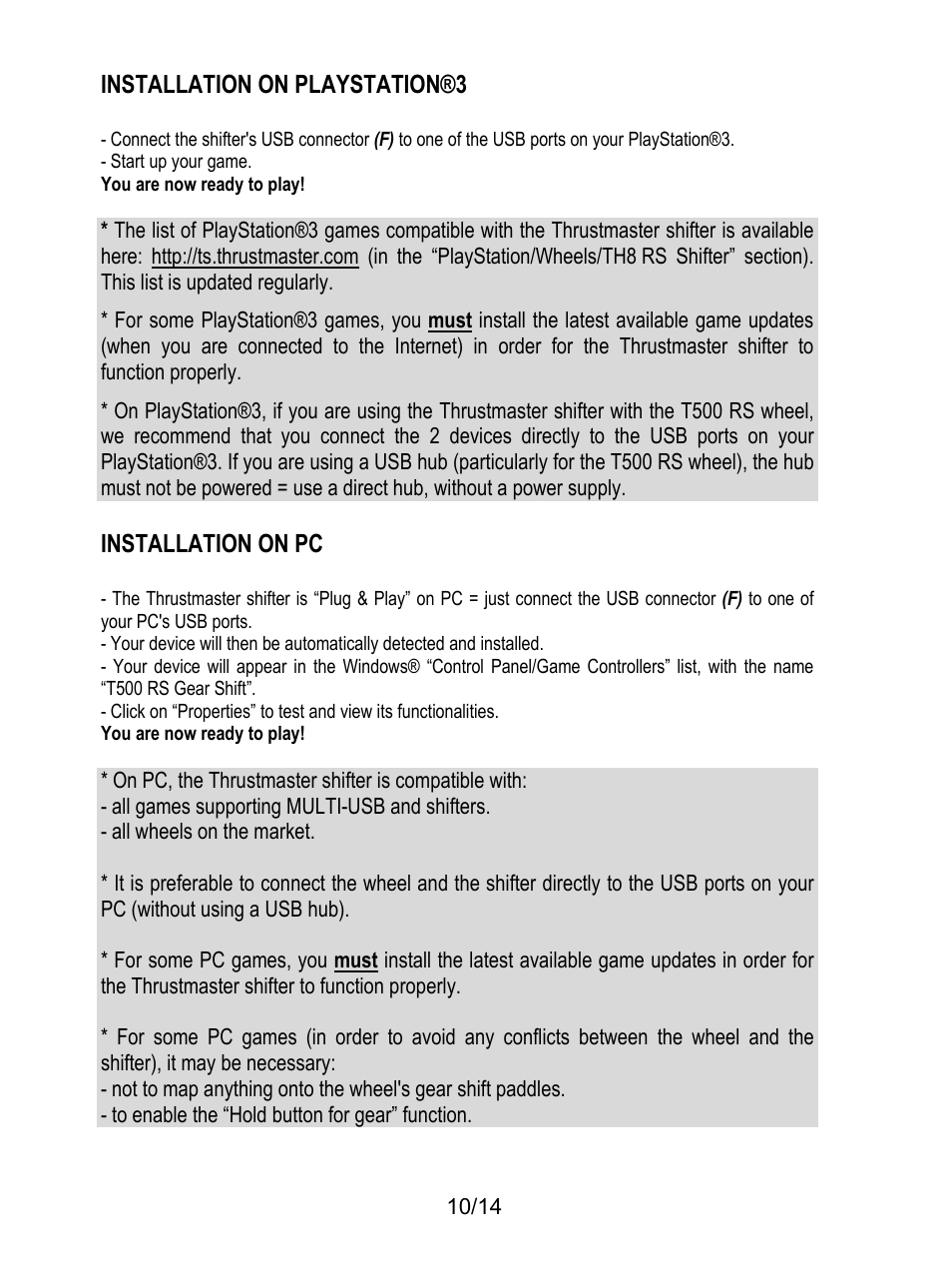 Installation on playstation®3, Installation on pc | Thrustmaster TH8 RS Shifter User Manual | Page 11 / 170