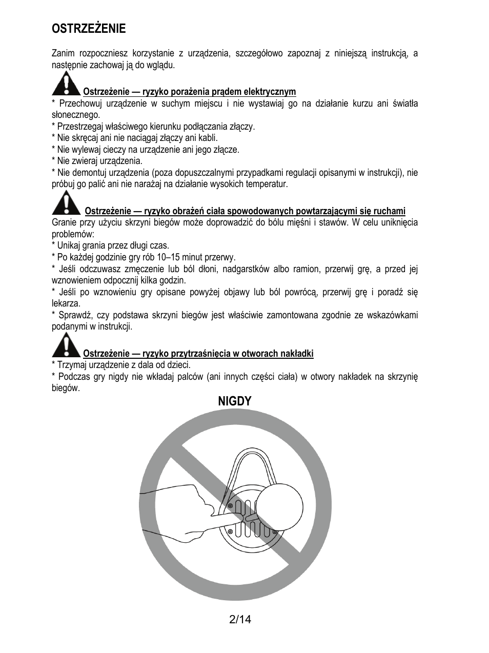 Ostrzeżenie, Nigdy | Thrustmaster TH8 RS Shifter User Manual | Page 143 / 170