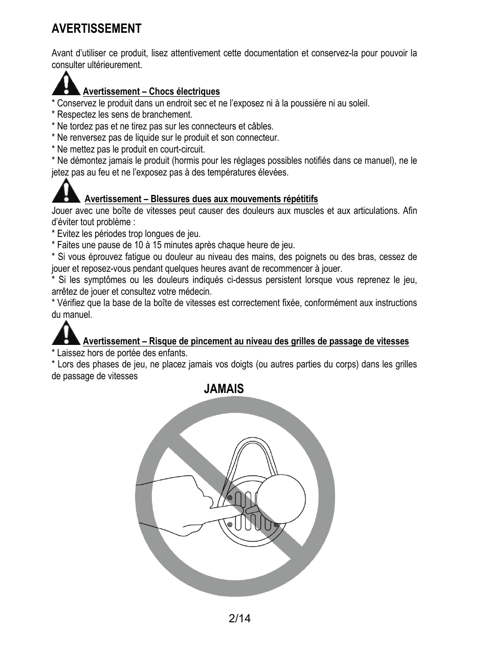 Avertissement, Jamais | Thrustmaster TH8 RS Shifter User Manual | Page 17 / 170