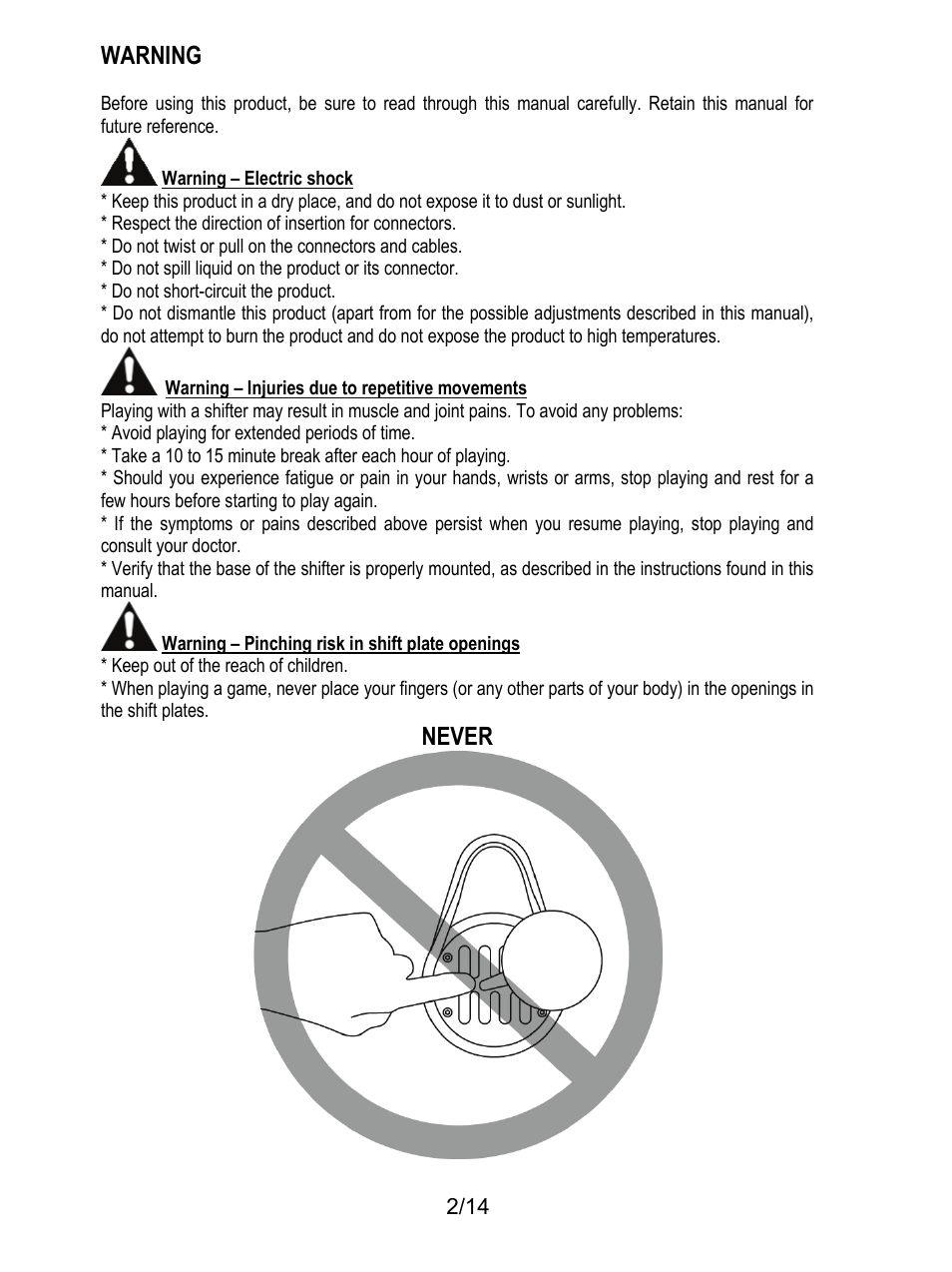 Warning, Never | Thrustmaster TH8 RS Shifter User Manual | Page 3 / 170