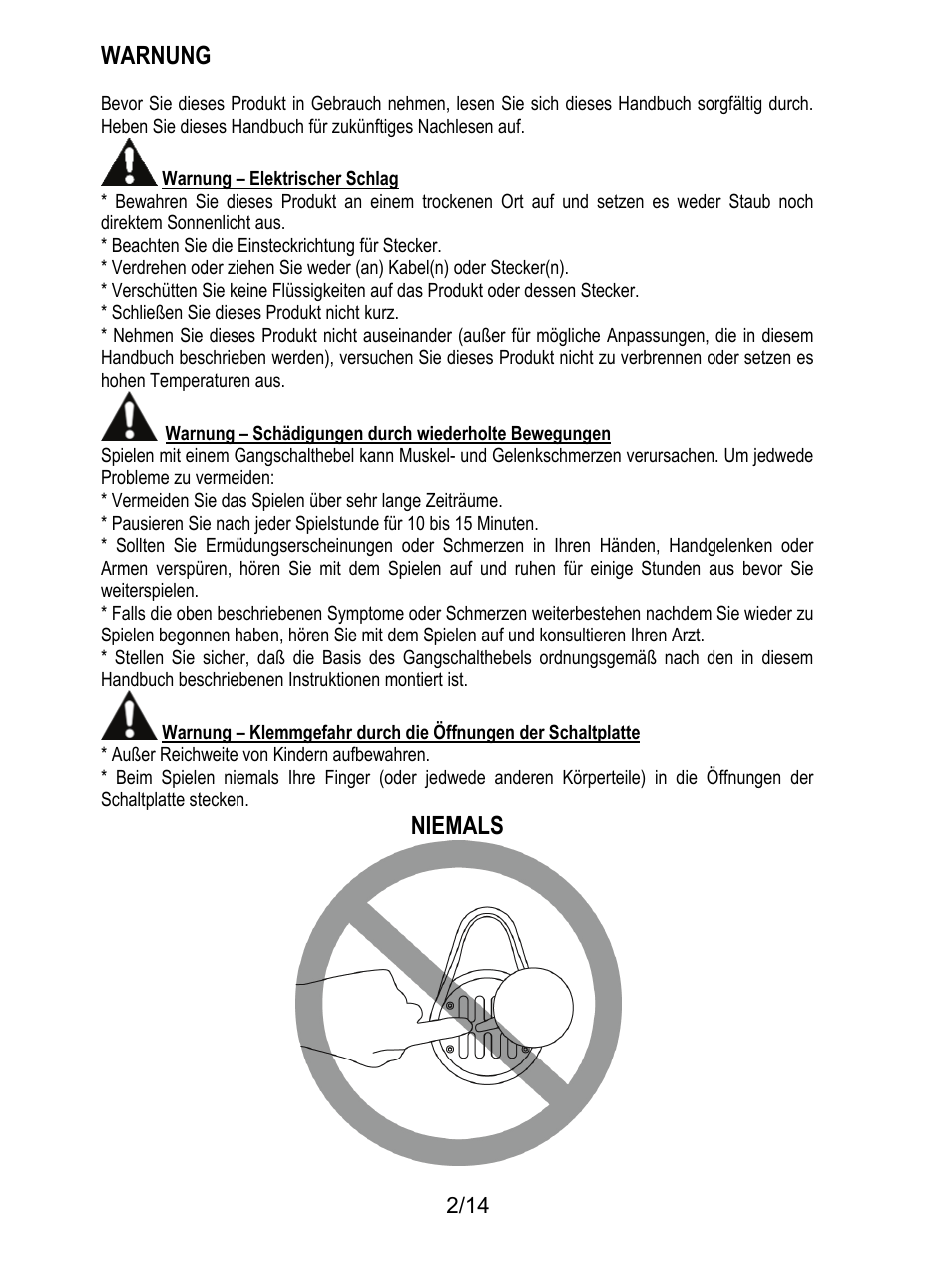 Warnung, Niemals | Thrustmaster TH8 RS Shifter User Manual | Page 31 / 170