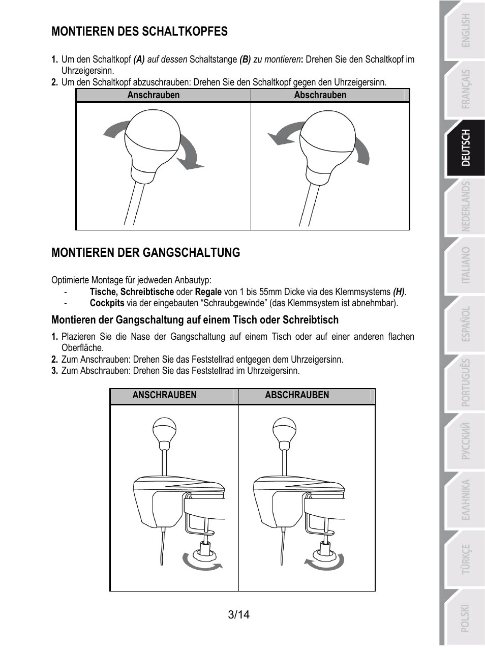 Montieren des schaltkopfes, Montieren der gangschaltung | Thrustmaster TH8 RS Shifter User Manual | Page 32 / 170