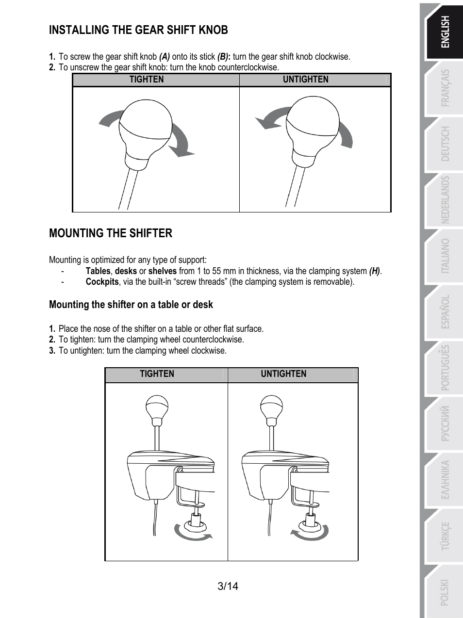 Installing the gear shift knob, Mounting the shifter | Thrustmaster TH8 RS Shifter User Manual | Page 4 / 170