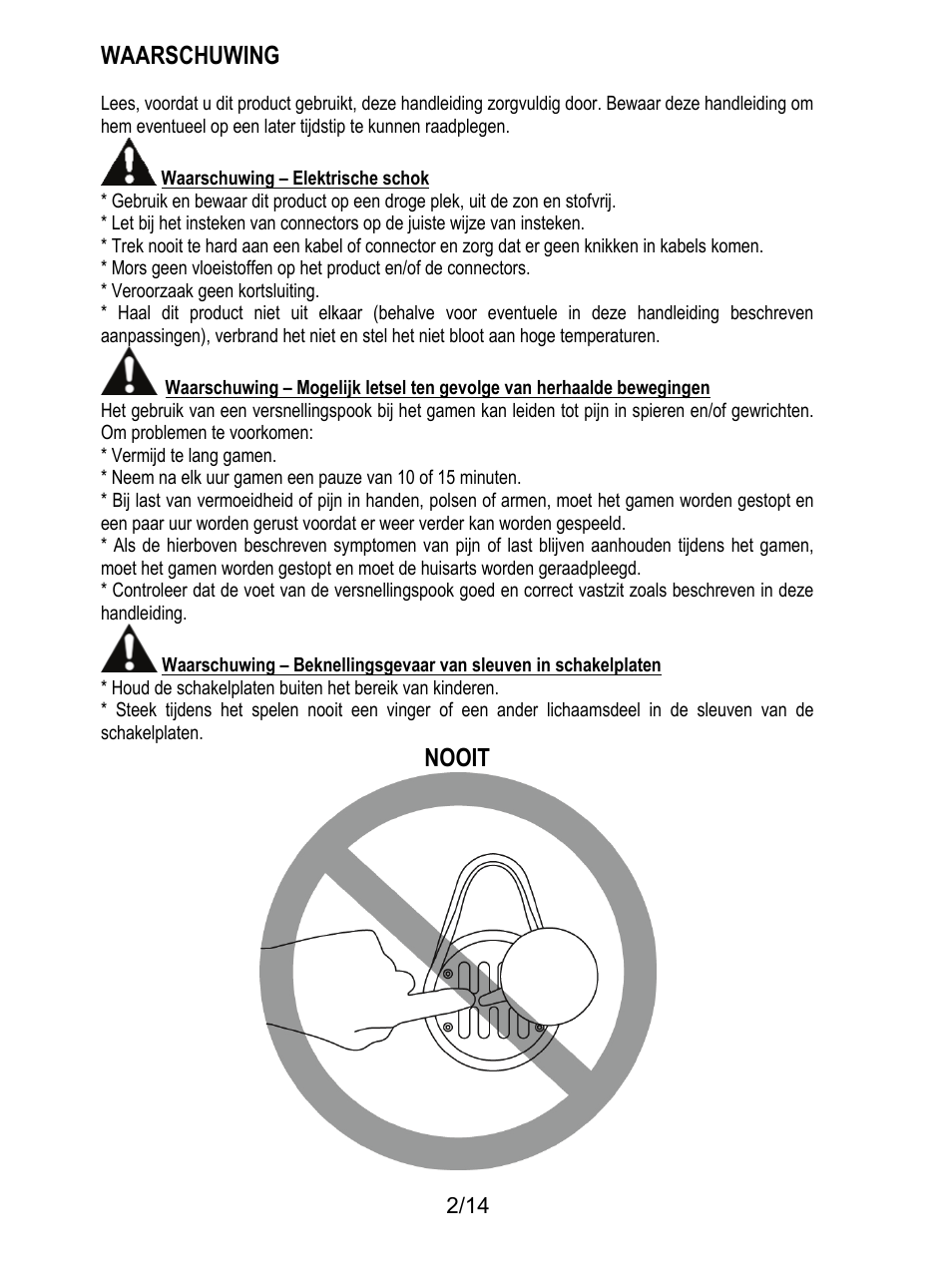 Waarschuwing, Nooit | Thrustmaster TH8 RS Shifter User Manual | Page 45 / 170