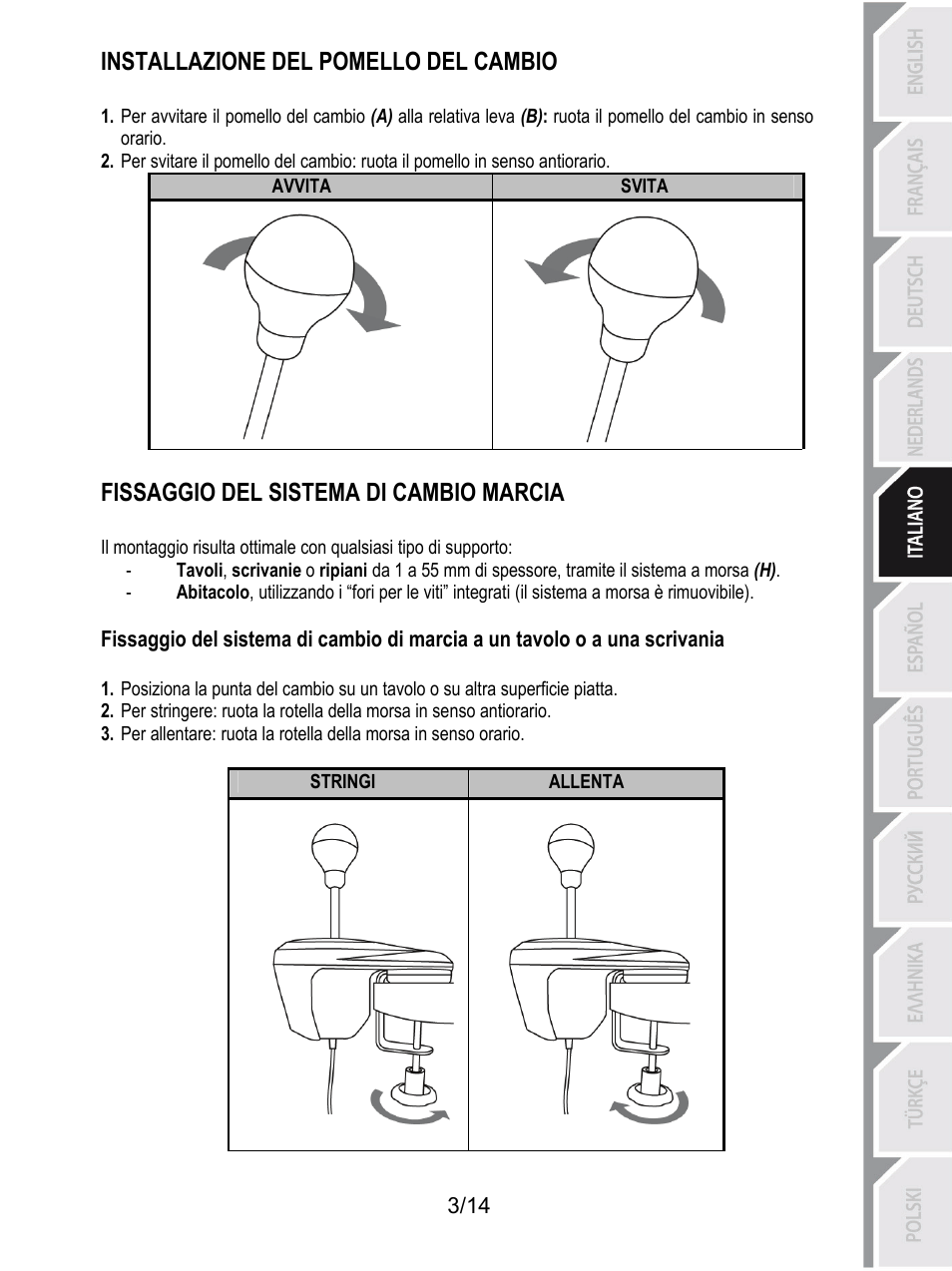 Installazione del pomello del cambio, Fissaggio del sistema di cambio marcia | Thrustmaster TH8 RS Shifter User Manual | Page 60 / 170