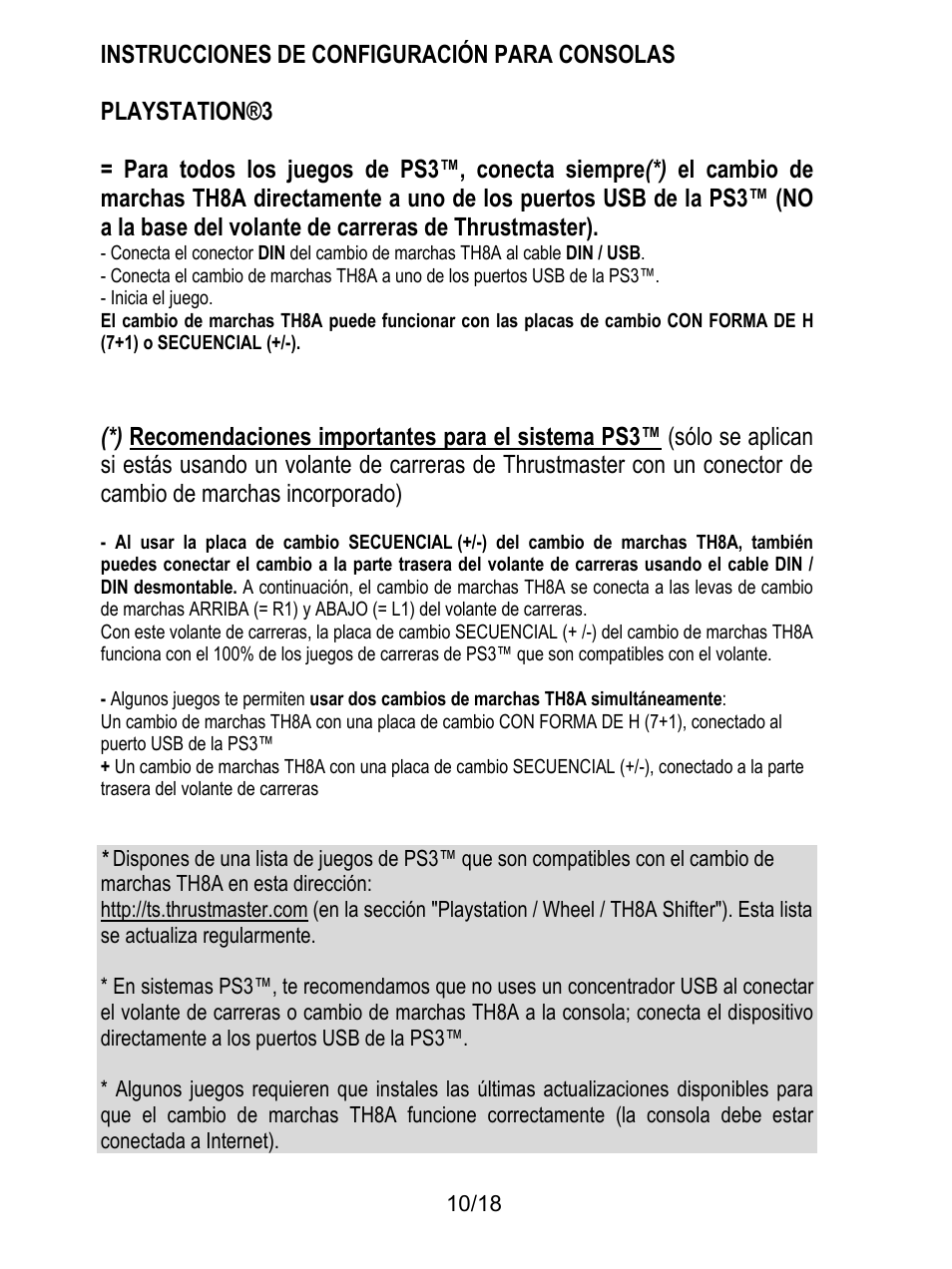 Instrucciones de configuración para consolas, Playstation®3, Inicia el juego | Thrustmaster TH8A Shifter User Manual | Page 101 / 217