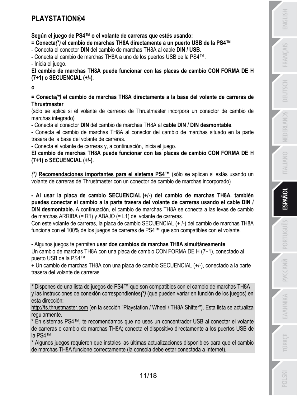 Playstation®4, Inicia el juego | Thrustmaster TH8A Shifter User Manual | Page 102 / 217