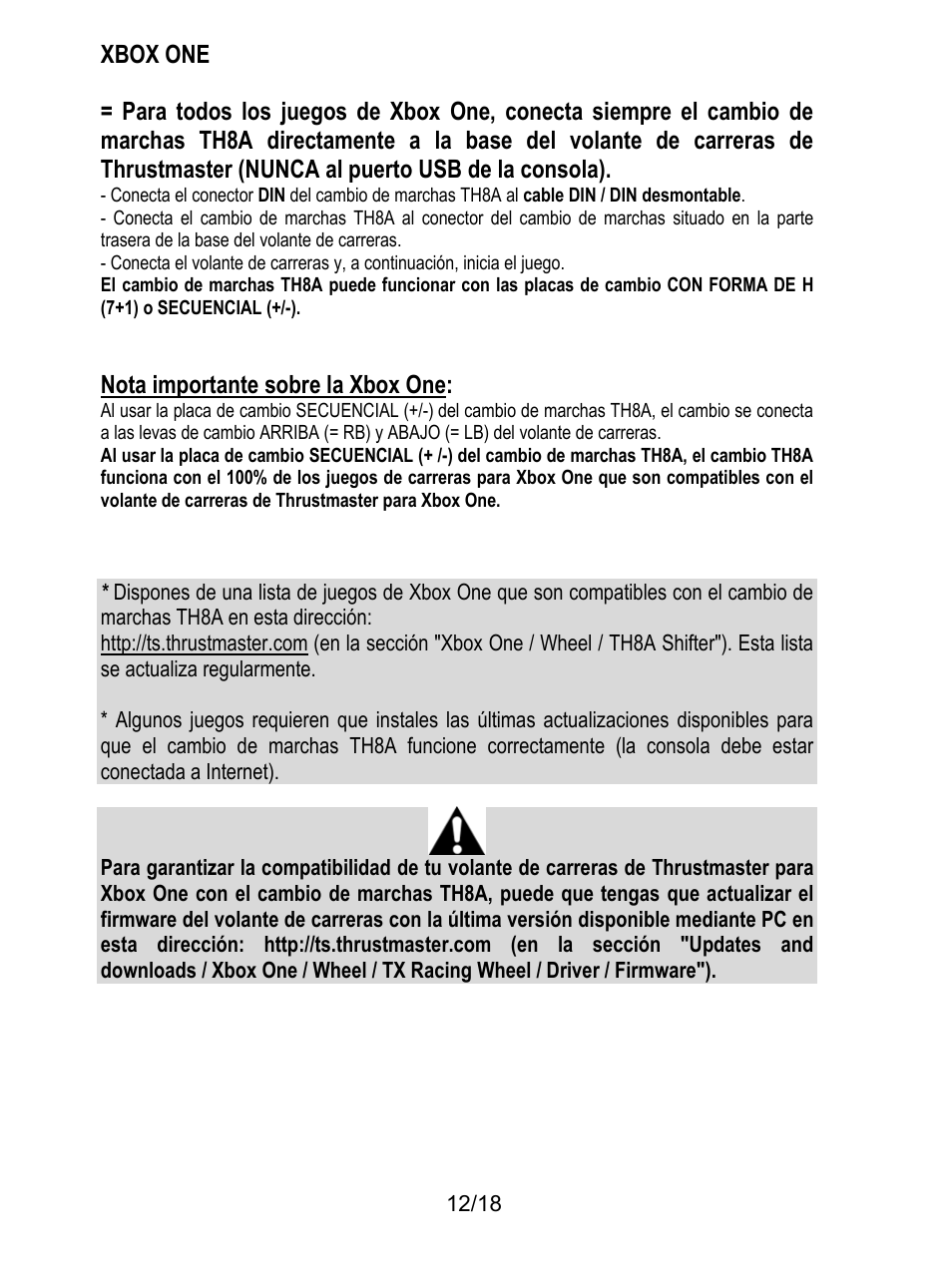 Xbox one, Nota importante sobre la xbox one | Thrustmaster TH8A Shifter User Manual | Page 103 / 217