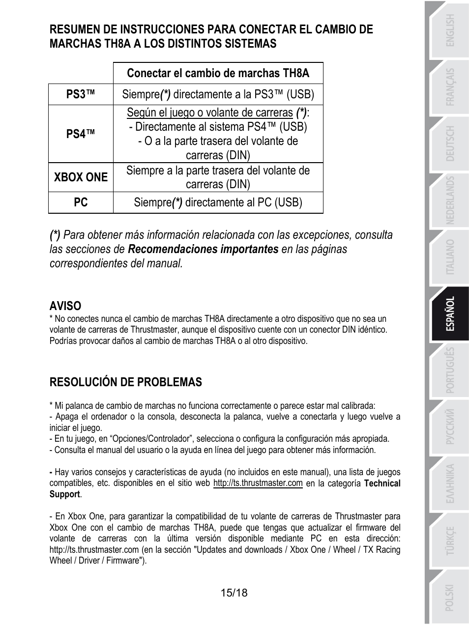 Conectar el cambio de marchas th8a, Siempre(*) directamente a la ps3™ (usb), Según el juego o volante de carreras (*) | Directamente al sistema ps4™ (usb), O a la parte trasera del volante de carreras (din), Xbox one, Siempre(*) directamente al pc (usb), Aviso, Resolución de problemas | Thrustmaster TH8A Shifter User Manual | Page 106 / 217