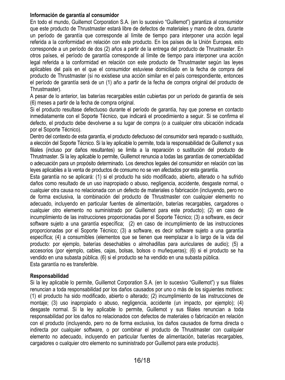 188bresponsabilidad, Información de garantía al consumidor, Esta garantía no es transferible | Responsabilidad | Thrustmaster TH8A Shifter User Manual | Page 107 / 217