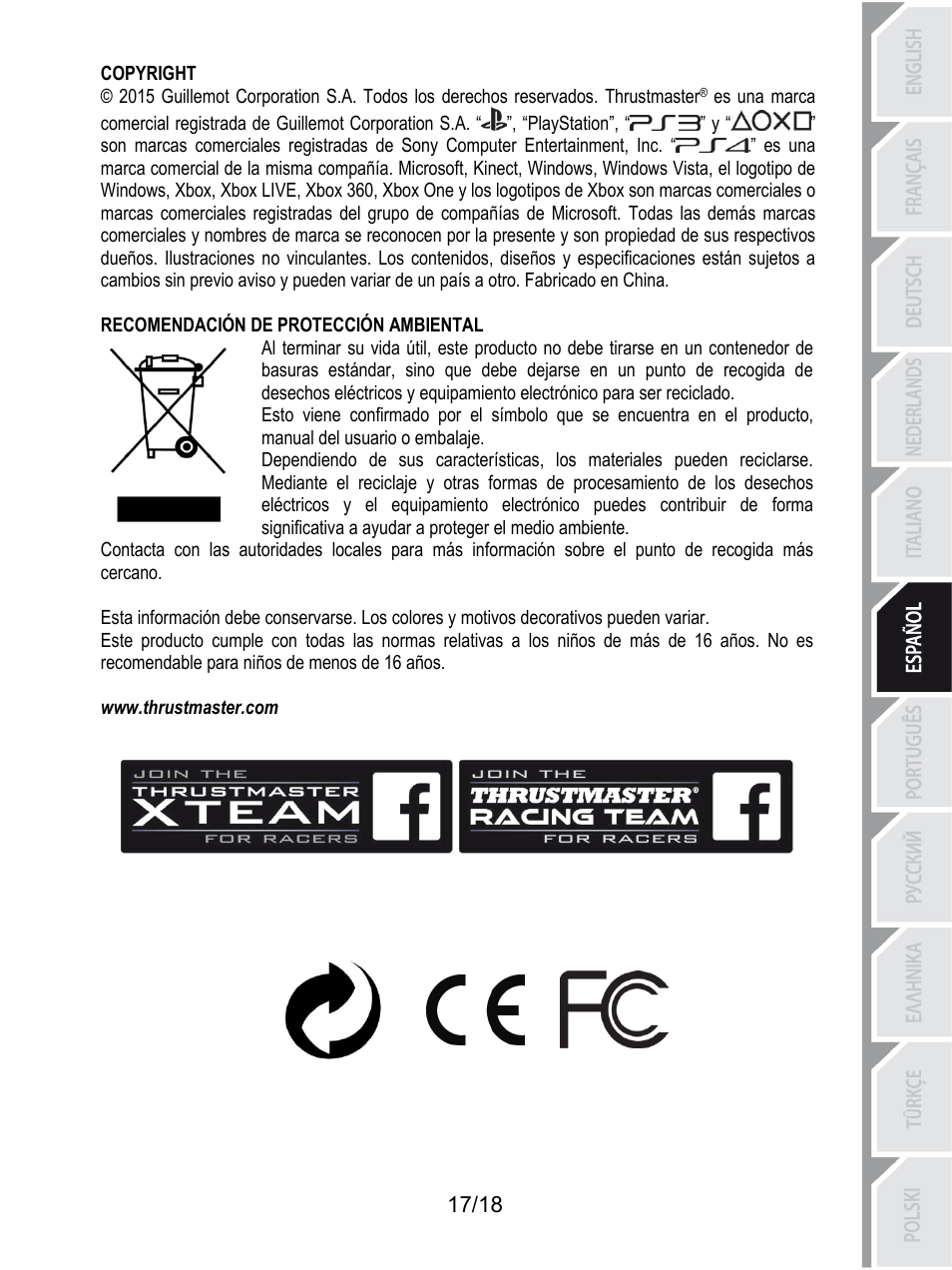 191brecomendación de protección ambiental, Copyright, Recomendación de protección ambiental | Www.thrustmaster.com | Thrustmaster TH8A Shifter User Manual | Page 108 / 217