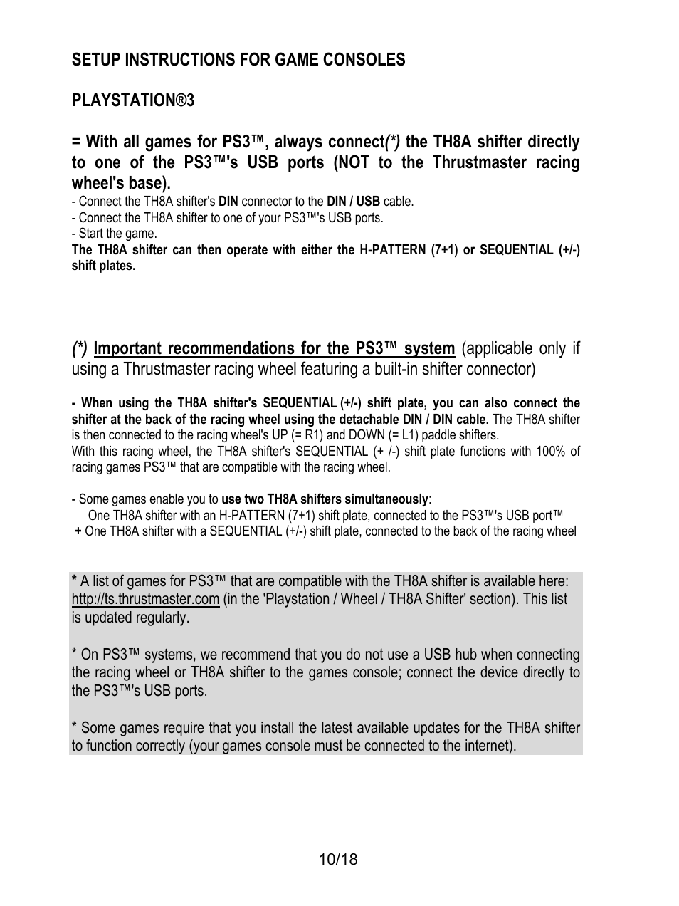 Setup instructions for game consoles, Playstation®3, Start the game | Thrustmaster TH8A Shifter User Manual | Page 11 / 217